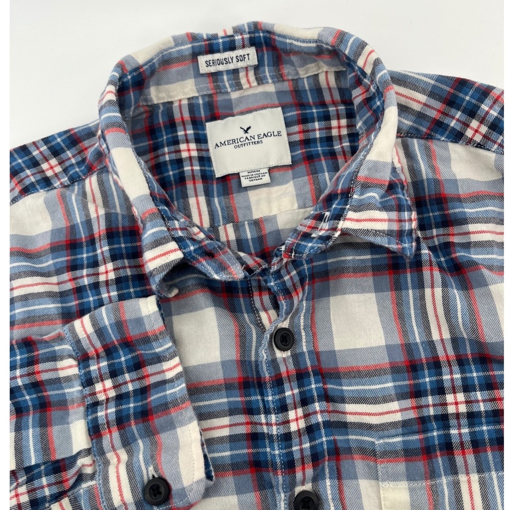 American Eagle Plaid Shirt Mens Medium Blue Red Seriously Soft Button Down